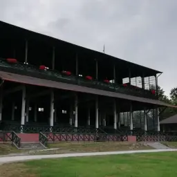 Stara, zielona trybuna w Kobierzycach z czerwonymi kwiatami na balustradzie.